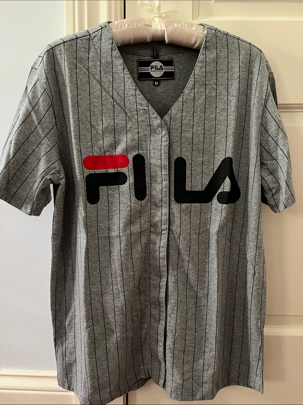 FILA Retro Style Lacey Baseball Tee Grey Pinstripe Women's Size M